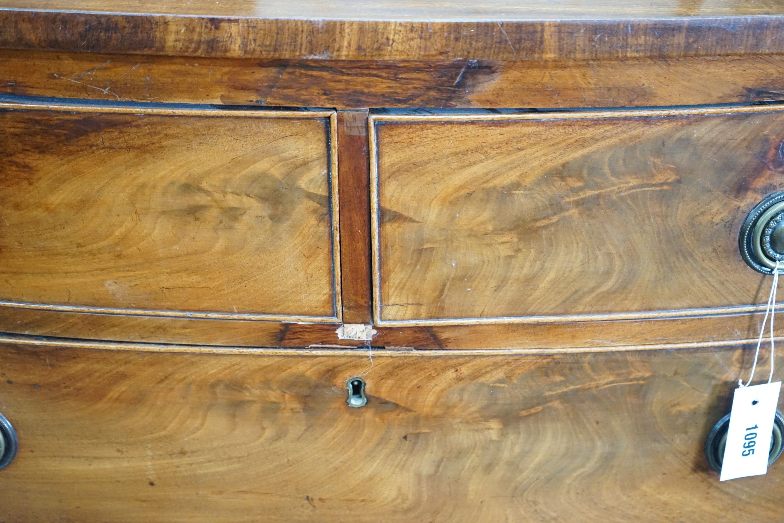 A Regency mahogany bow front chest, width 106cm, depth 53cm, height 104cm